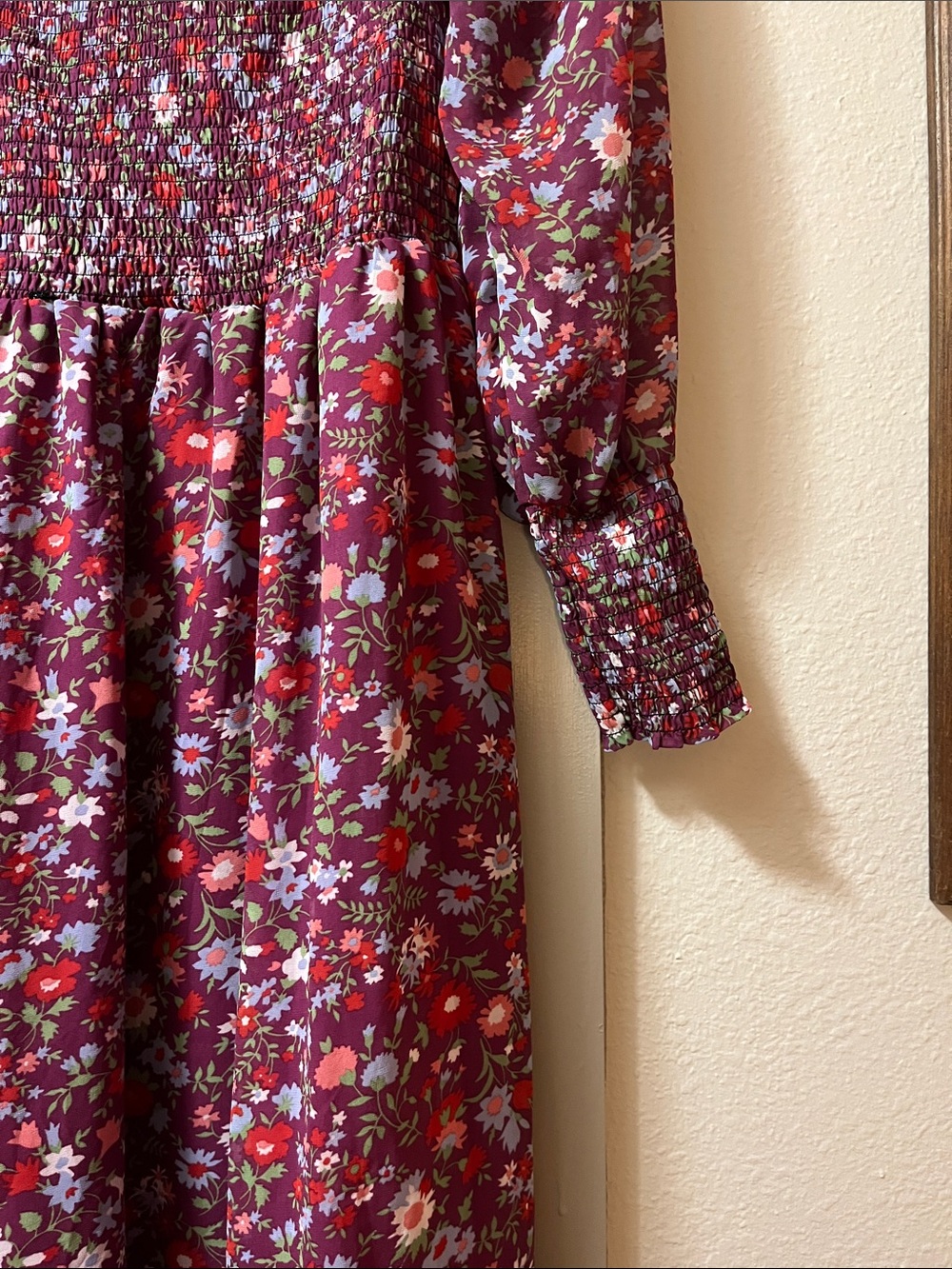 Betsey Johnson Burgundy Floral Smocked Maxi Dress with Long Sleeves - Picture 4 of 6
